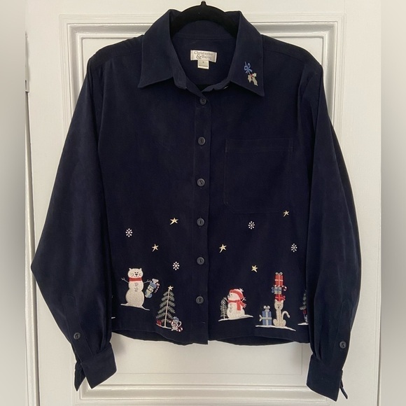 Christopher Banks Cat Snowman Embroidered Holiday Christmas Navy Vintage Blouse - Picture 1 of 14
